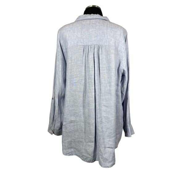 Cynthia Rowley 100% Linen Long Roll Tab Sleeves Light Blue Tunic Blouse Top 1X - Picture 2 of 16